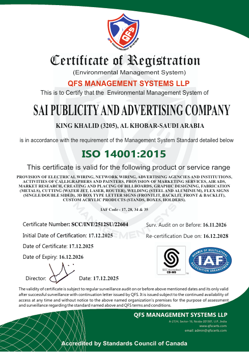 ISO 14001 Certification - Sai Publicity & Advertising