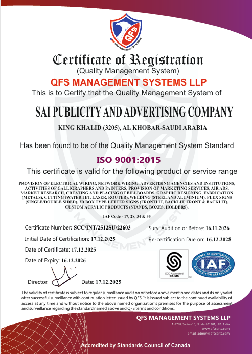 ISO 9001 Certification - Sai Publicity & Advertising